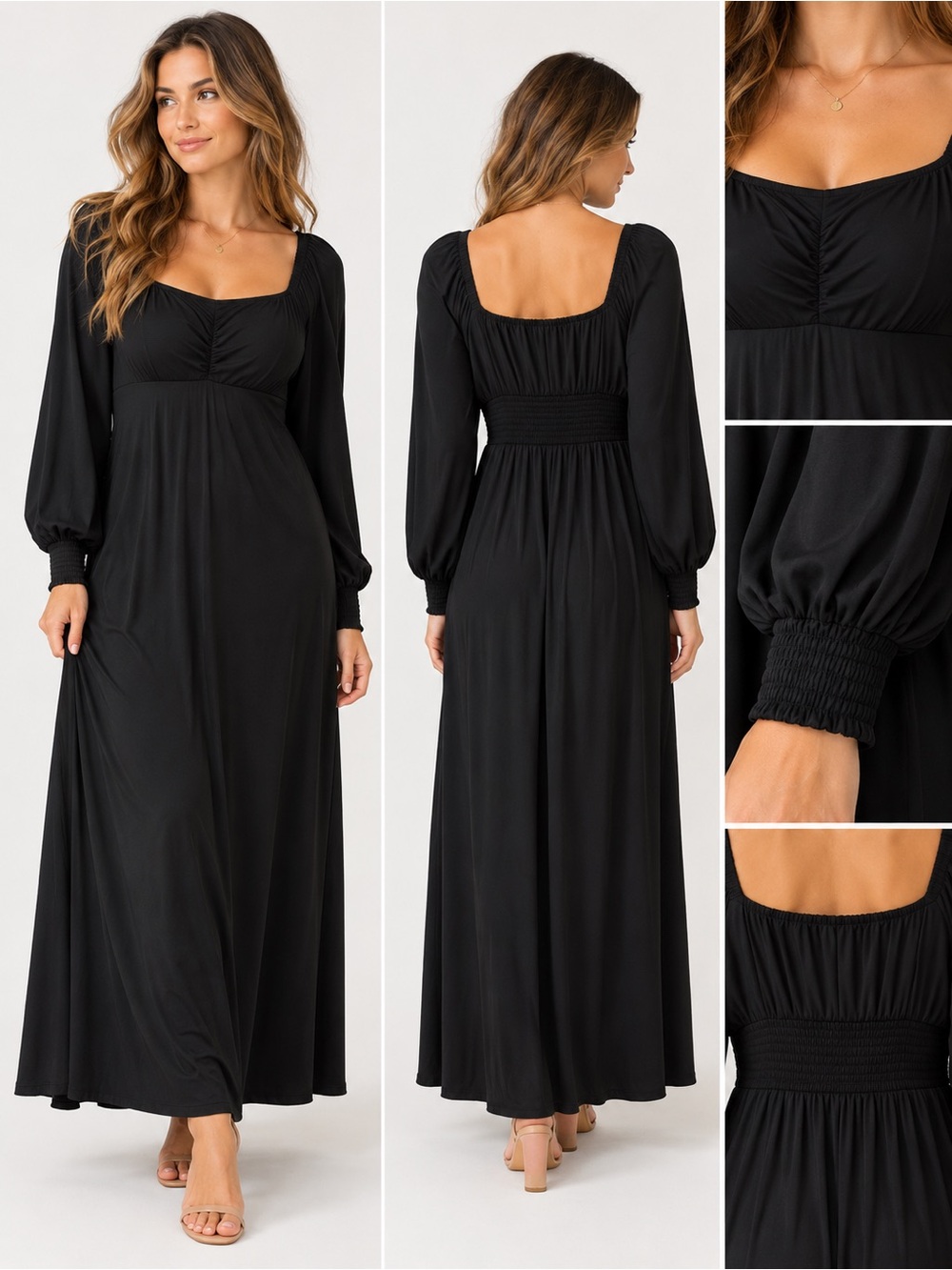 SOMA Black Midi Maxi Dress Size M Balloon Sleeves Built In Bra Pockets Flow